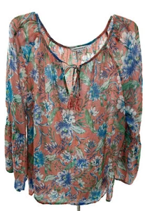 Counterparts Peasant Blouse Tunic Top W/ Bell Style Sleeves Floral Coral Size XL - Picture 1 of 10