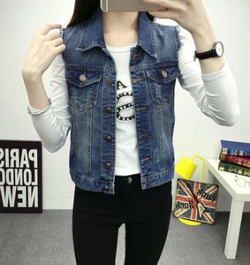 New Girl Woman Sleeveless Buttons Casual Blue Jeans Denim Mini Vest Tops Pockets - Picture 1 of 12