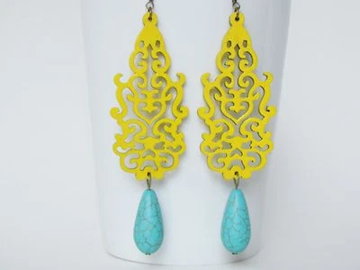 Brincos amarelos declaração turquesa presente lustre praia boho verão limão diversão - Imagem 1 de 4