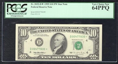 FR. 2032-D* 1995 $10 FW *STAR* FEDERAL RESERVE NOTE CLEVELAND, OH PCGS UNC-64PPQ - Image 1 of 2