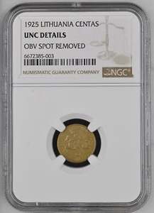 Lithuania 1 Centas 1925 NGC UNC DETAILS OBV SPOT REMOVED - Picture 1 of 2