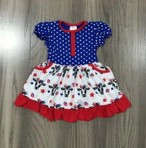 NEW Boutique 4th of July Patriotic Girls Cow Pocket Dress - Picture 1 of 2