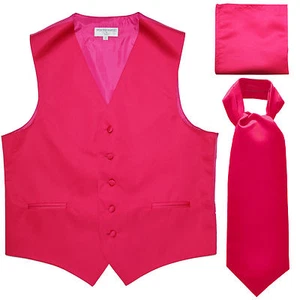 New Men's hot pink vest Tuxedo Waistcoat ascot hankie set wedding formal party - Picture 1 of 4