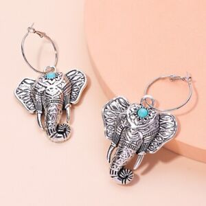 Huge & Beautiful Retro Elephant Turquoise Dangle Silver Earrings-Good Luck