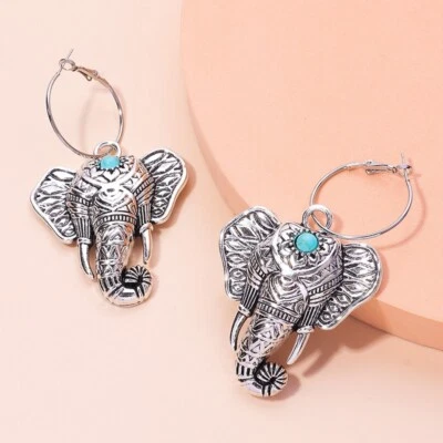 Enormes y Hermosos Pendientes Colgantes Retro Elefante Turquesa Plata-Buena Suerte Foto 1 de 4