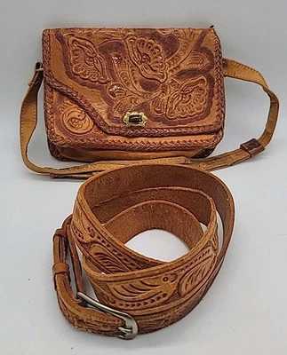 Vintage Western Hand Tooled Leather  Purse Handbag And Belt Set Made In Mexico  - Image 1 of 4