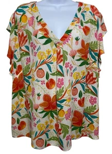 Blusa para mujer Cynthia Rowley 2XL floral fruta cuello en V manga acampanada boho rayón - Imagen 1 de 13