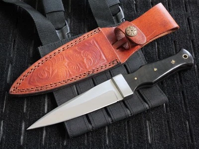 9” Boot Knife Leather Sheath Spear Point Full Tang Wood Handle Full Tang Black - Image 1 of 4
