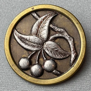 Antique Picture Button Brass Cherries Leaves Lg 1.5" Metal Shank & Enamel Back - Picture 1 of 11