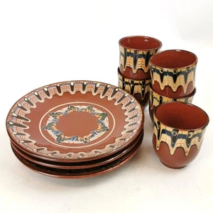 Beautiful Bulgarian Troyan Folk Pottery Set – 5 Cups + 3 Plates Varna Handmade - Picture 1 of 23