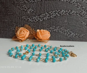 3-4 mm Natürlicher Türkis Vergoldet Rosenkranz Perlen Kette Edelstein Halskette - Bild 1 von 6