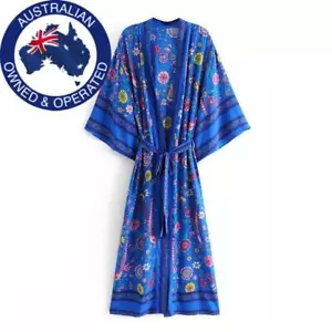 Hippie Boho Blue Kimono Maxi Robe Batwing Sleeve Floral Print V-Neck Tie Waist - Picture 1 of 9