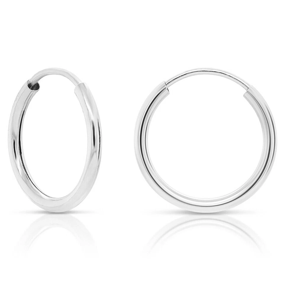 Pendientes de aro redondos sin fin de oro blanco macizo real de 14K aro de tubo de 1 mm Foto 1 de 4