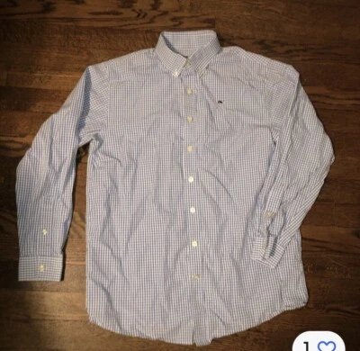 Camisa grande de manga larga con botones a cuadros azul blanco de Vineyard Vines para niños 16-18 Foto 1 de 3
