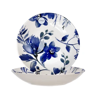 Dinner Plate Pasta Bowl White Ceramic Royal Blue Flowers Made In Portugal Set/2 - Picture 1 of 4