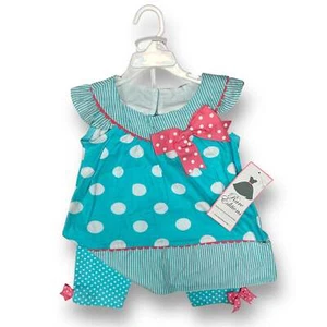 NEW! Girls Rare Editions Size 4T Pink & Aqua Polka Dot Striped 2-Pc Outfit - Picture 1 of 1