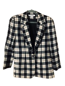VTG ANN TAYLOR 100% wool blazer bust 38 Size 6 Black & White Plaid 1 Button EUC - Picture 1 of 15