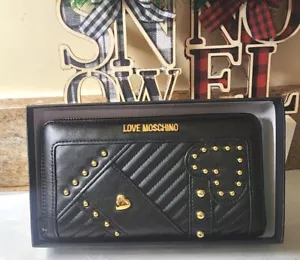 Love Moschino Women Wallet Black Leather Stud Zipper Heart. Moschino Wallet. - Picture 1 of 8