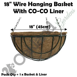 18" Wire Hanging Basket + Coco Liner 45cm Round Baskets Metal Green | x 1 - Picture 1 of 4