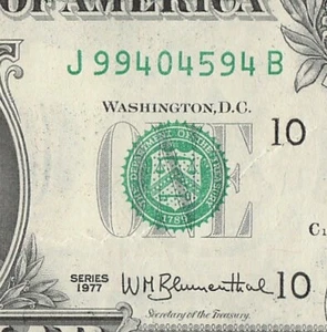 1977 Kansas City One Dollar Bill J99404594B C1364 Back Plate 2588 Crisp UNC - Picture 1 of 11