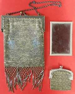 1920er Jahre Art Deco Silbernetz Geldbörse Frankreich Klapper Perlen Kuss Verschluss Münzspiegel - Bild 1 von 12