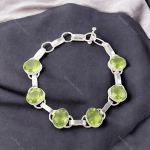 Peridot Gemstone 925 Sterling Silver Birthday Hook Chain Bezel Bracelet Jewelry - Picture 1 of 4