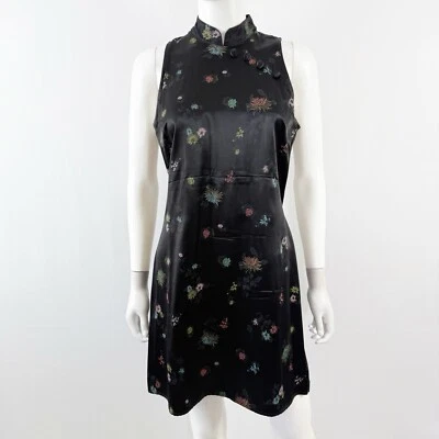 Vintage R-Wear Rampage Black Floral Satin Mini Dress Size 7 Mandarin Collar Y2K - Image 1 of 4