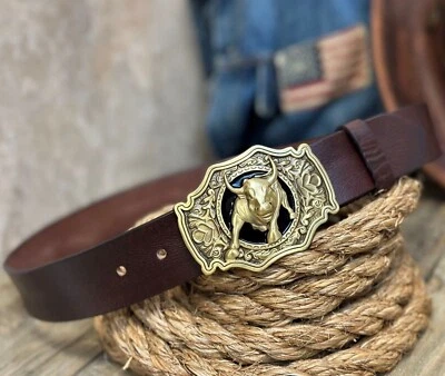 西部皮带全粒面皮革男式皮带手工牛仔带可拆卸扣 — 第 1/4 张图片