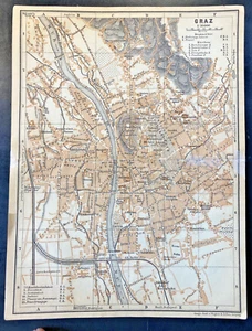 Graz Österreich 1903 Baedeker Wagner & Debes Karte 6X8" Farbe feine Details kostenloser Versand - Bild 1 von 7