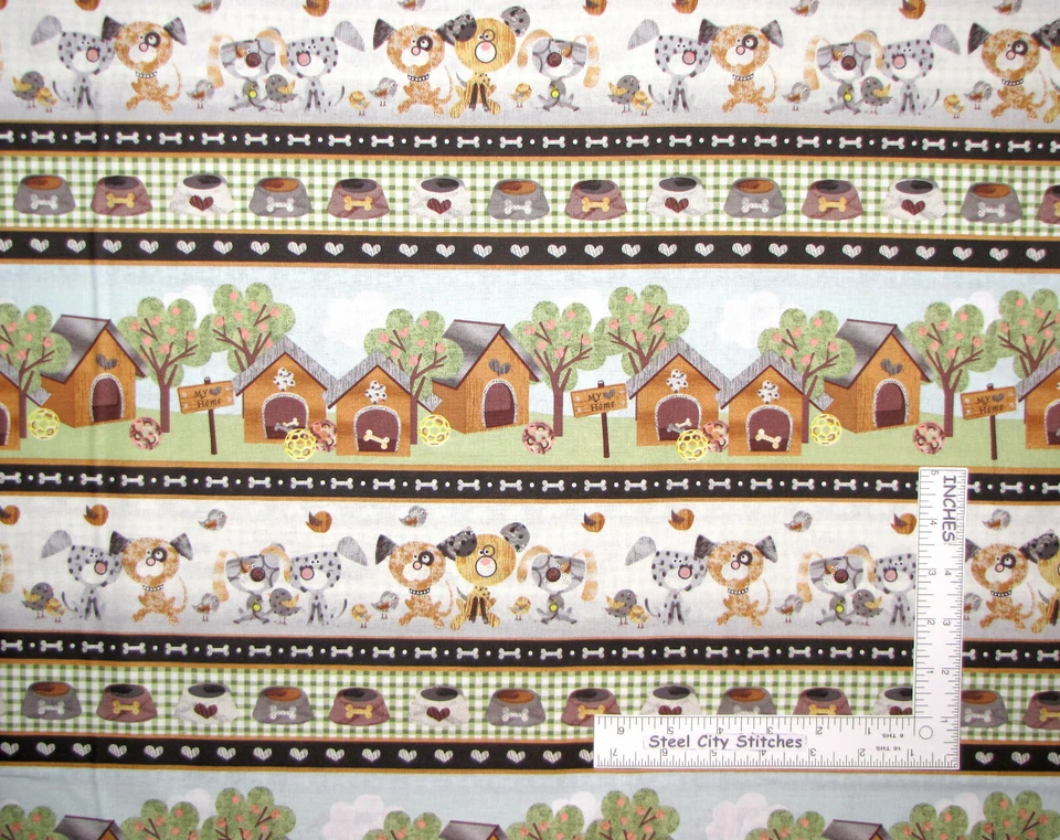 Good Doggie Dog House Puppy Dogs Stripe Cotton Fabric Blank Textiles By The Yard - Image 1 of 1