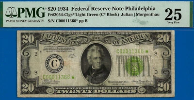 1934 $20 Federal Reserve Note PMG 25 wanted light green seal star Fr 2054-C* - Image 1 of 2