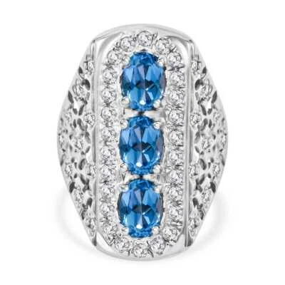 Gorgeous!! 3.90ctw Swiss Blue Topaz & Zircon Trinity Ring Platinum Plated Size 7 - Image 1 of 4