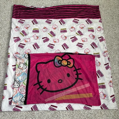 Sábana bajera plana completa y funda de almohada tela edredón artesanal Hello Kitty Foto 1 de 4