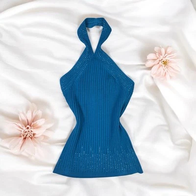 Teal Blue Beaded Top Knit Ribbed Y2K Glam Party Stretchy Fairy Boho Size Large - Image 1 of 4