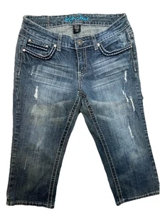 Jeans Ariya Capris Para Mujer 7/8 Azul Envejecido Adornado Solapa Bolsillos Elegante - Imagen 1 de 7