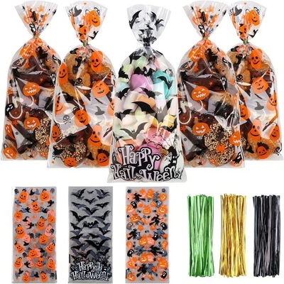 150 Halloween Cellophane Treat Bags with Twist Ties – 3 Styles for Party Favors - Image 1 of 4