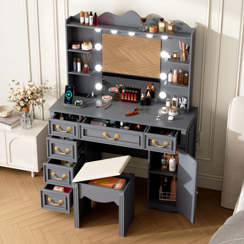 Escritorio tocador con espejo y luces, mesa de maquillaje con toma de corriente y 6 cajones Foto 1 de 1