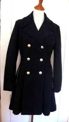 GUESS NAVY BLUE SKIRTED DOUBLE BREASTED PEA COAT MILITARY WOOL BLEND MEDIUM M - Image 1 of 4