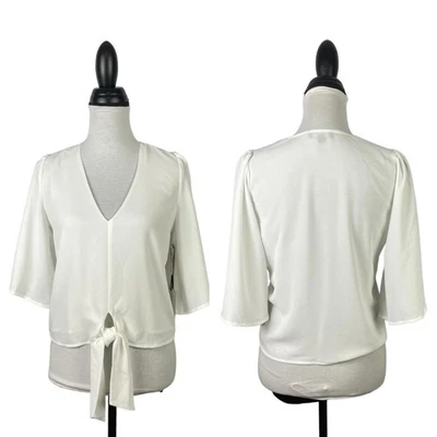 Blusa Top Recortada 1.State Nueva con Etiquetas Pequeña Blanca Manga Volantes Cuello en V Corbata Frontal Foto 1 de 4