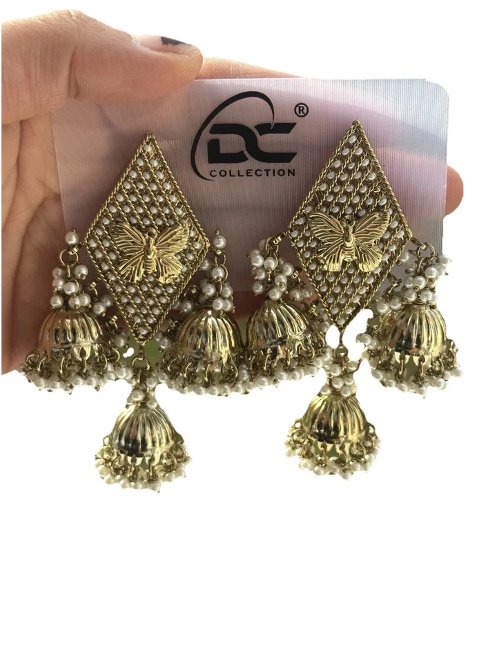 Indische Jhumka Ohrringe Gold Perlen | Butterfly Design | Party & Hochzeit - Bild 1 von 3