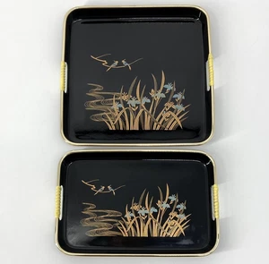 2 Set Vtg Toyo Japan Blue Iris Birds Black Lacquer Decorative Trays Gold Reeds - Picture 1 of 15