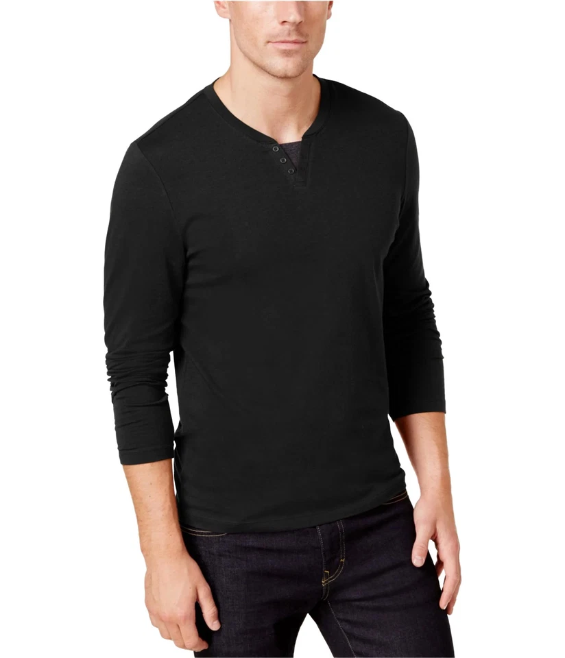 Alfani Mens Split Neck LS Embellished T-Shirt, deepblack, L - Image 1 of 2