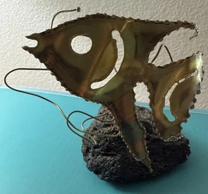 VTG Brutalist Metal Art Sculpture Fish on Lava Rock Signed MCM OOAK - Picture 1 of 14