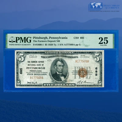 1929 $5 Farmers Deposit National Bank PITTSBURGH, PA, Charter #685, PMG VF 25 - Image 1 of 3