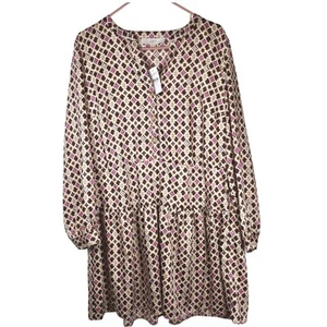 LOFT Tiered Mini Dress Geometric Print Long Sleeve Casual Brown Pink Size 14 - Picture 1 of 7