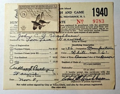 1940–1941 Wisc Resident CLOTH Hunting License Card RW7 $1 Federal Duck Stamp - Image 1 of 2