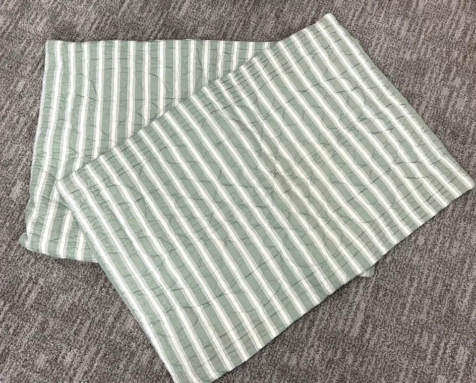 Two Restoration Hardware Pillow Shams 28"x20" Green Striped Hand Quilted Cotton - Image 1 of 3