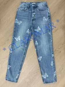 PacSun Jeans Blue Fade Butterfly Print Ultra High Rise Slim Button Fly 25 - Picture 1 of 9