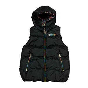Coogi Women's Hooded Sleeveless Puffer Vest Size M Black Rainbow Trim Full Zip - Picture 1 of 10