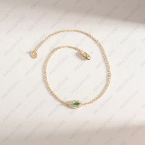 Marquise Emerald Tiny Evil Eye Chain Bracelet Lucky Eye 14k Gold Good Luck Charm - Picture 1 of 7